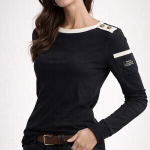 Lauren Ralph Lauren Black Boat Neck Long Sleeve Top Vintage Y2K Womens Size S